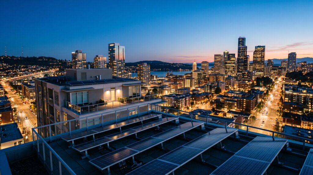 Rooftop solar panels against a city skyline at blue hour